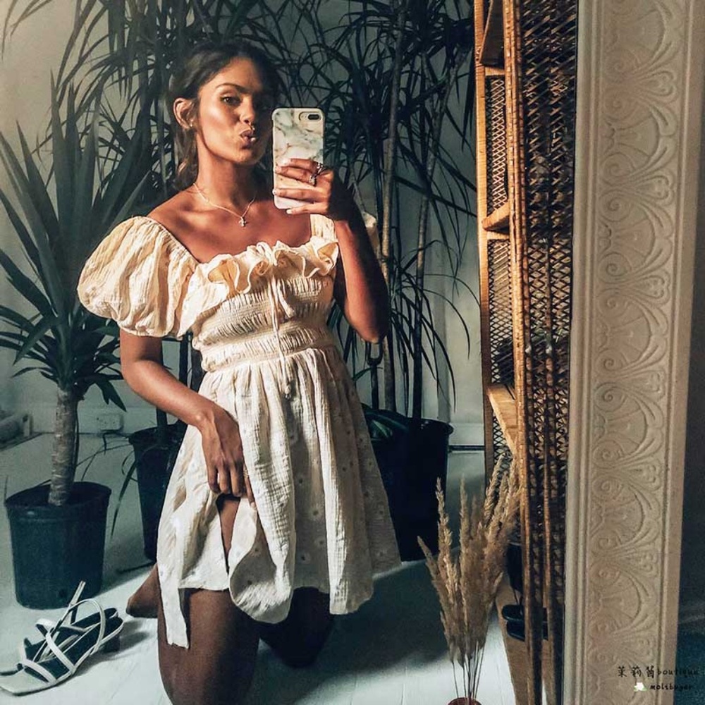 Cream Boho OFF shoulder Floral Print Mini  DRESS - Picture 2 of 9